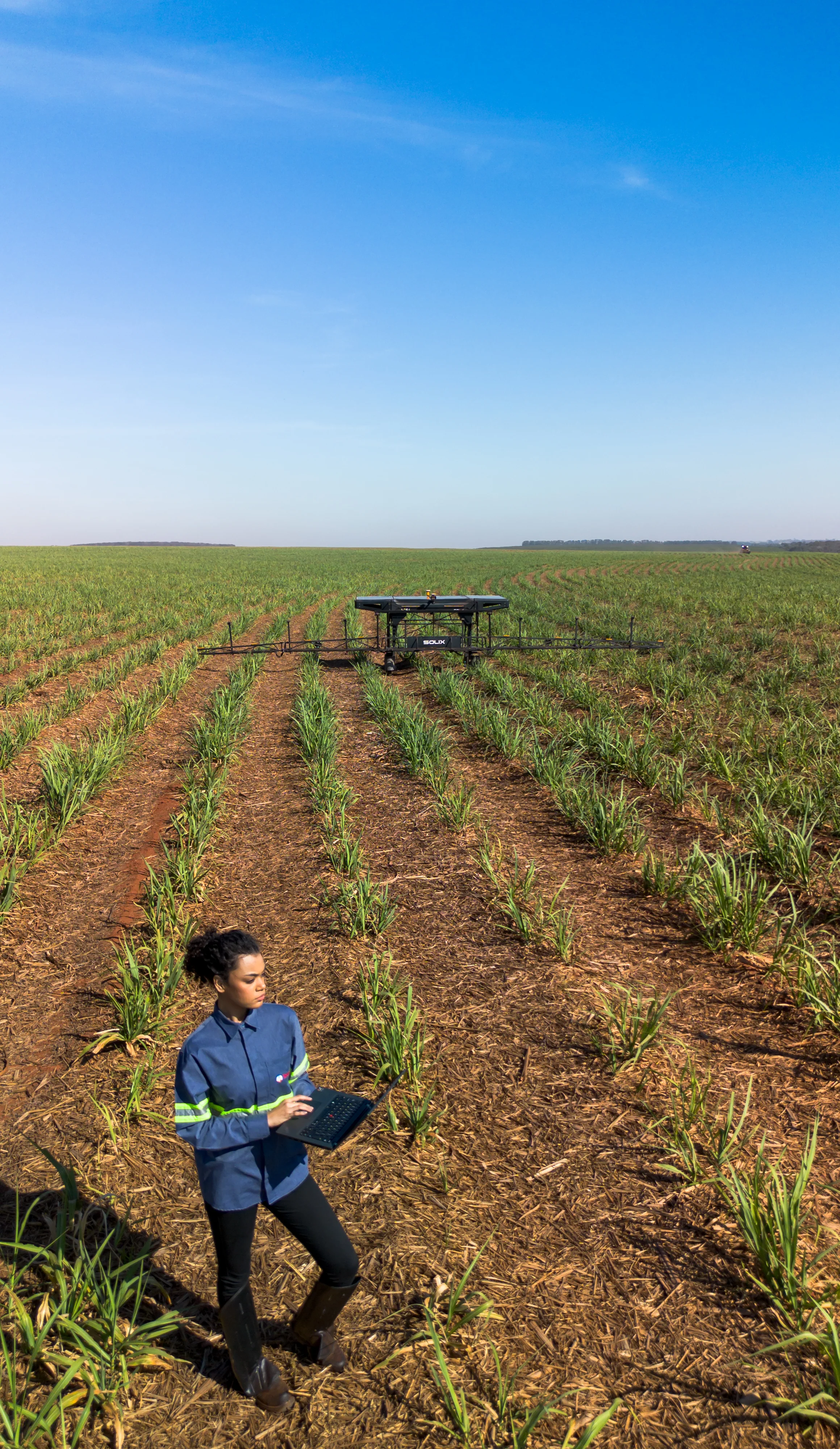 Colaboradora Tereos no campo de cana-de-açúcar com tablet