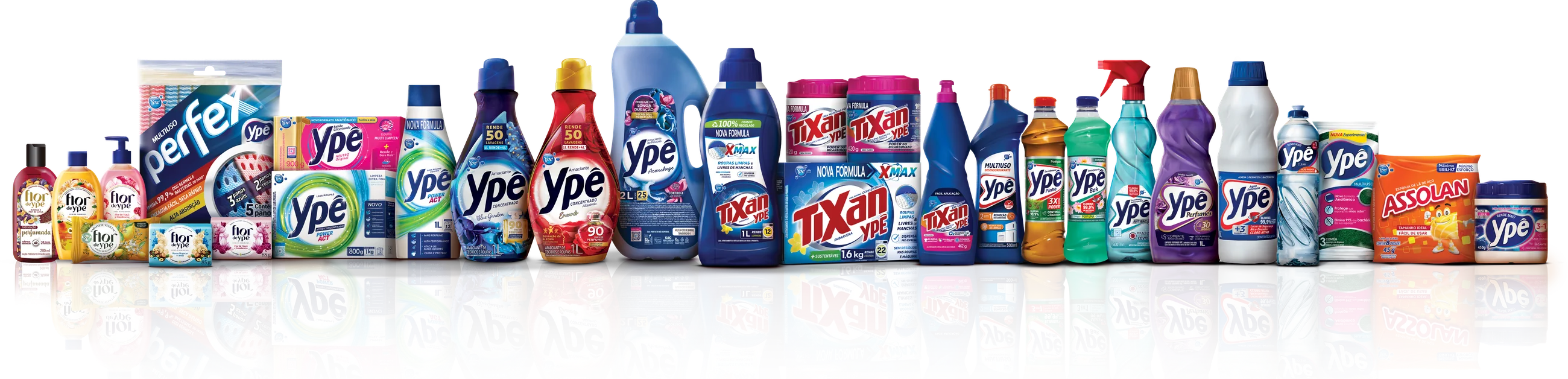 Linha de produtos Ypê: Flor de Ypê, Perfex, lava-roupas, amaciantes, Tixan Ypê, lava-louças, multiuso, desinfetantes, Assolan e outros